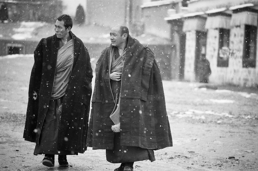 Xiahe 3 - Monks outside the temple in a light snow